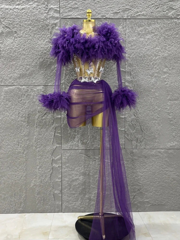 White Purple Women Sexy Mesh Ruffles 2 Pieces Bodycon Mini Dress See Through Celebrate Nightclub Party Bar Singer Stage Wear