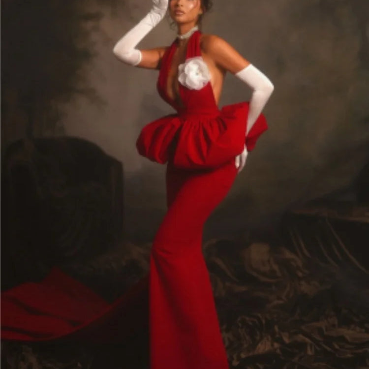 2025 New Red Color Women Sexy Halter Backless Bodycon Long Bandage Dress Gloves Celebrate Performance Costume Stage Wear