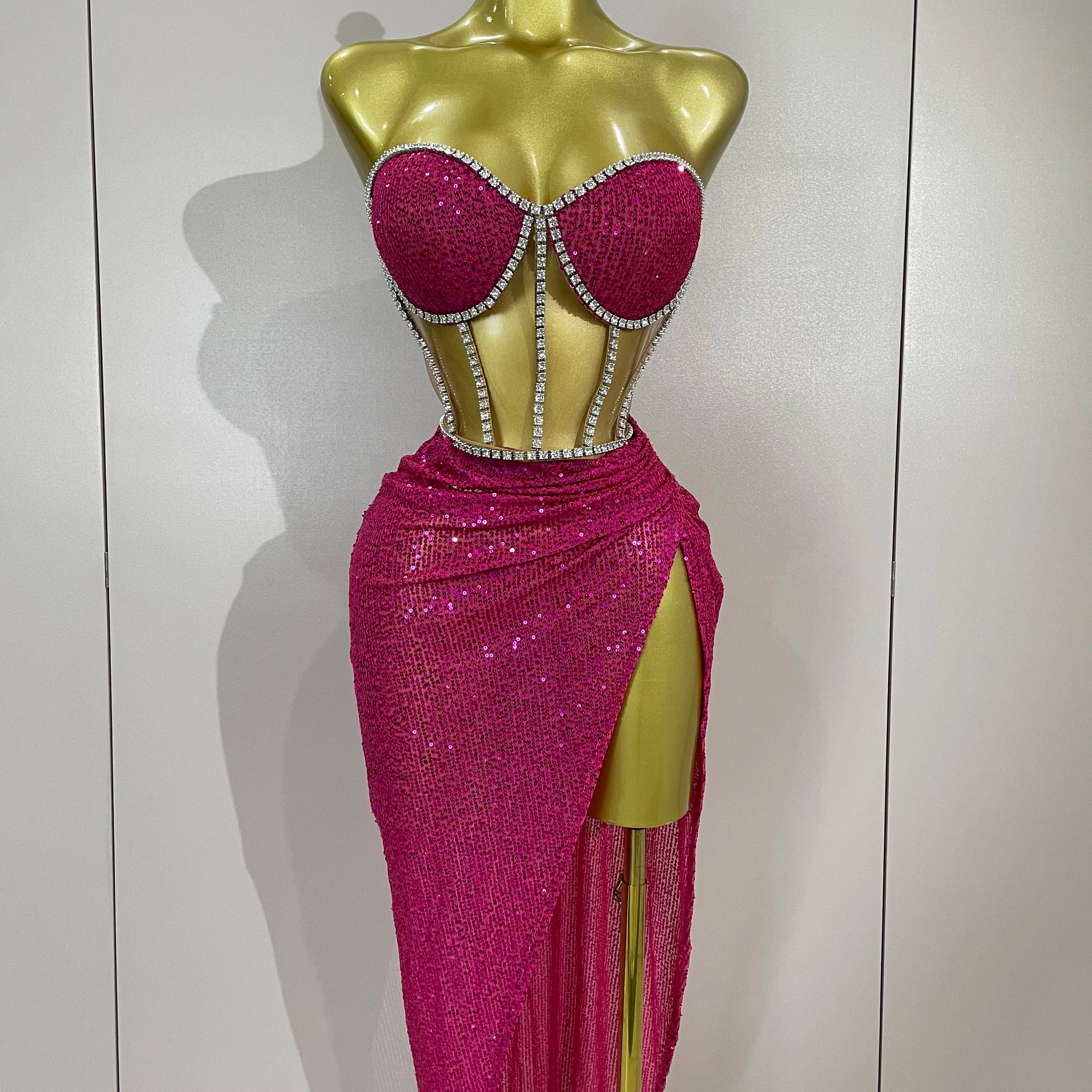 Sparkly Sequins Diamond Birthday Party Two Piece Set Evening Dress 2025 Women Sexy Singer Dancer NightClub Bar Performan Costume