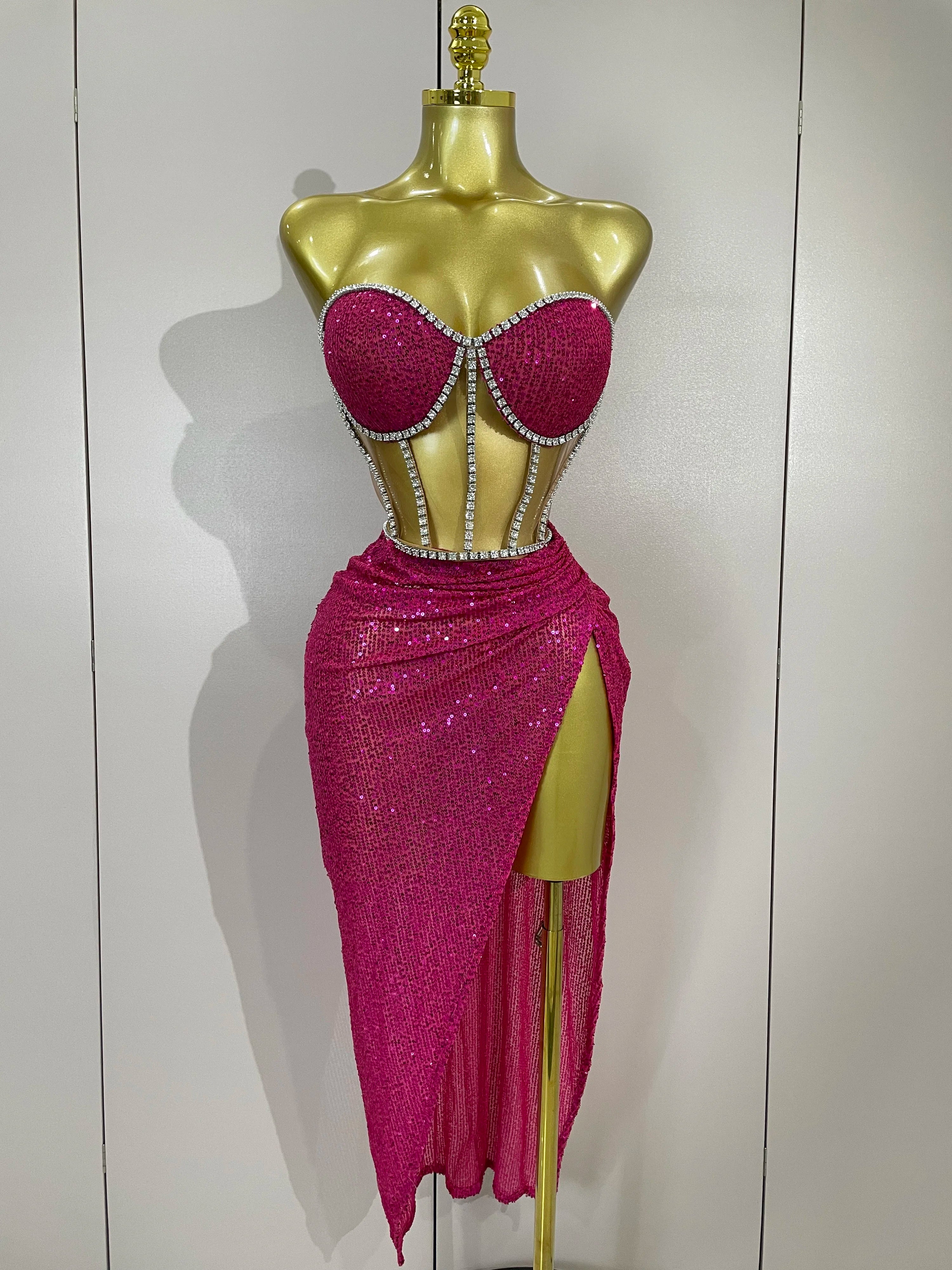 Sparkly Sequins Diamond Birthday Party Two Piece Set Evening Dress 2025 Women Sexy Singer Dancer NightClub Bar Performan Costume