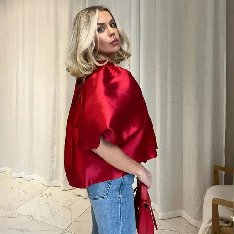 Satin Elegant Shirts Women White Lantern Short Sleeve O-neck Loose Female Blouses Spring Summer Lady Tops Chic Streetwear red