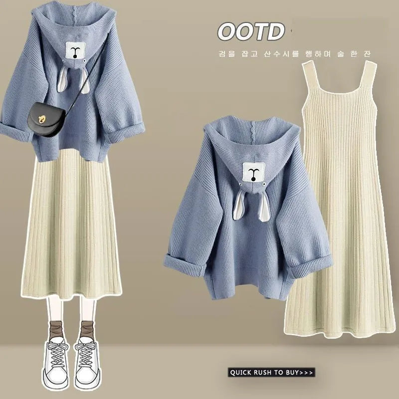 Autumn Winter New Knitted Dress Women Matching Set Korean Elegant Hooded Coat Sling Skirt Two Piece Female Casula Suit Set 08