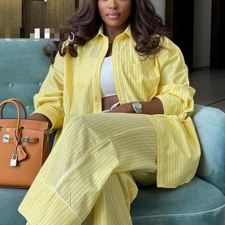 CM.YAYA Fashion Striped Women's Set Long Sleeve Blouse Shirt Top and Wide Leg Pants 2025 Chic Two 2 Piece Sets Outfits Tracksuit