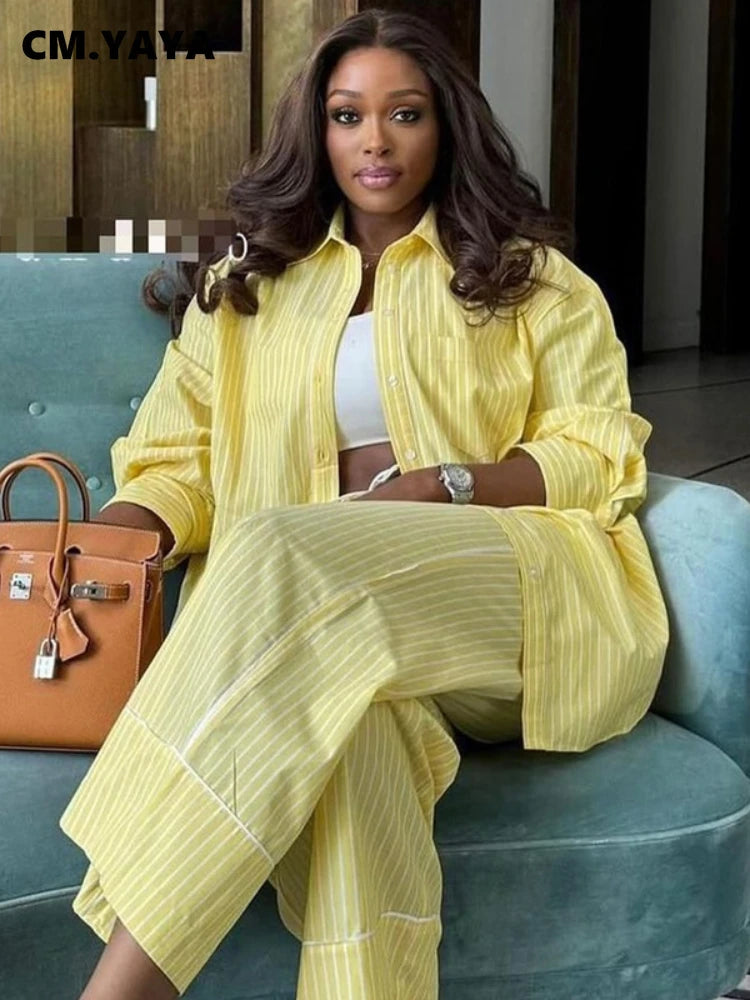 CM.YAYA Fashion Striped Women's Set Long Sleeve Blouse Shirt Top and Wide Leg Pants 2025 Chic Two 2 Piece Sets Outfits Tracksuit