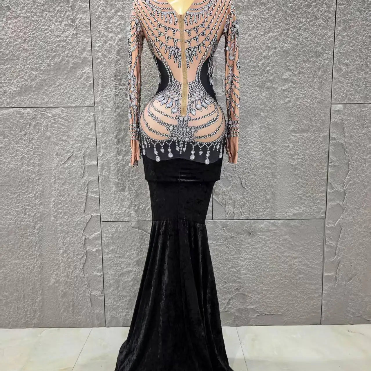 Women Long Sleeve Sexy Shinning Crystal Velvet Bodycon Floor-length Dress Celebrate Evening Party Birthday Cocktail Dress