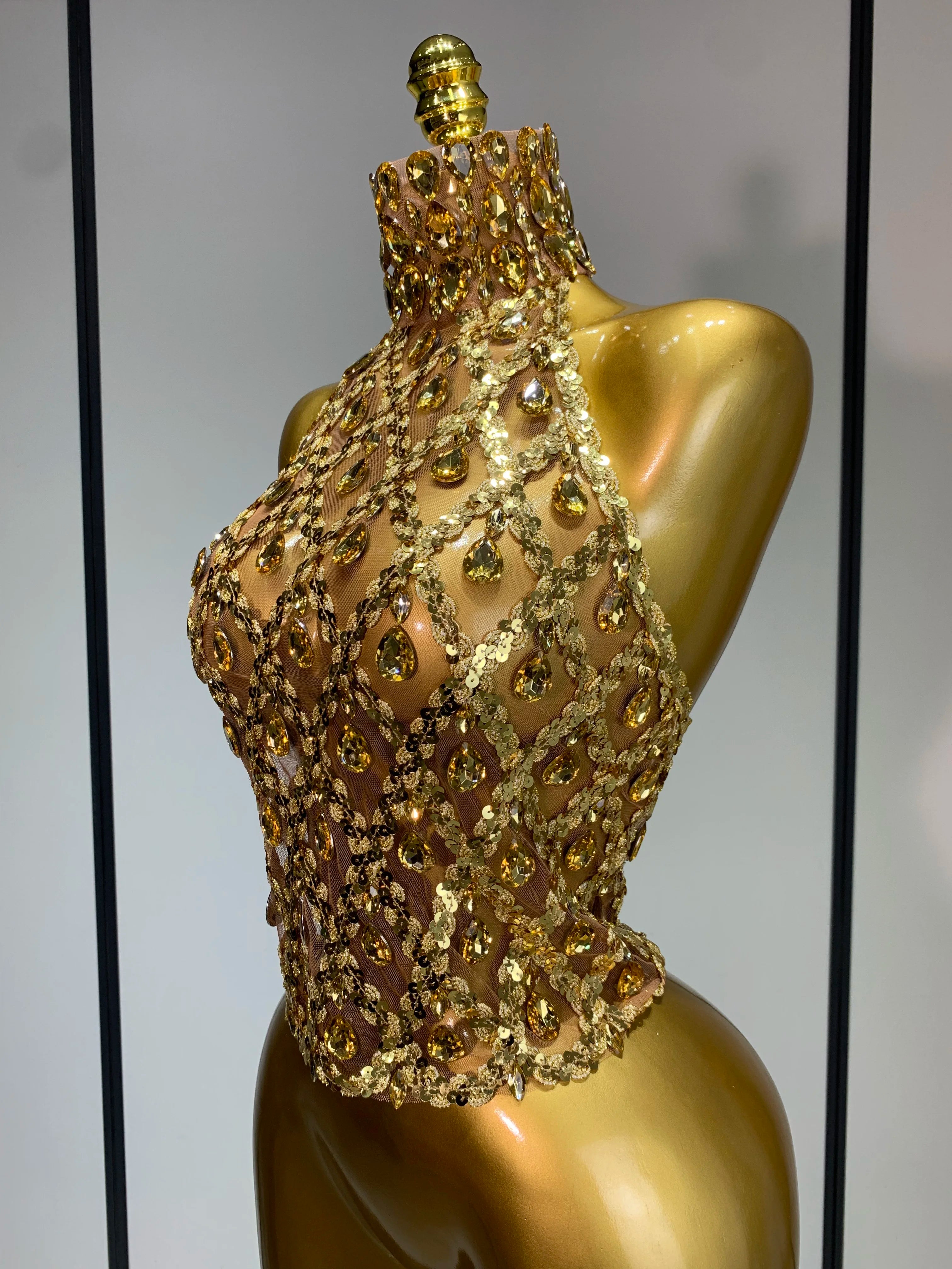 Shining Rhinestones Sexy Transparent Mesh Top Women Evening Party Celebrate Fashion Show Singer Dancer Nightclub Stage Costume