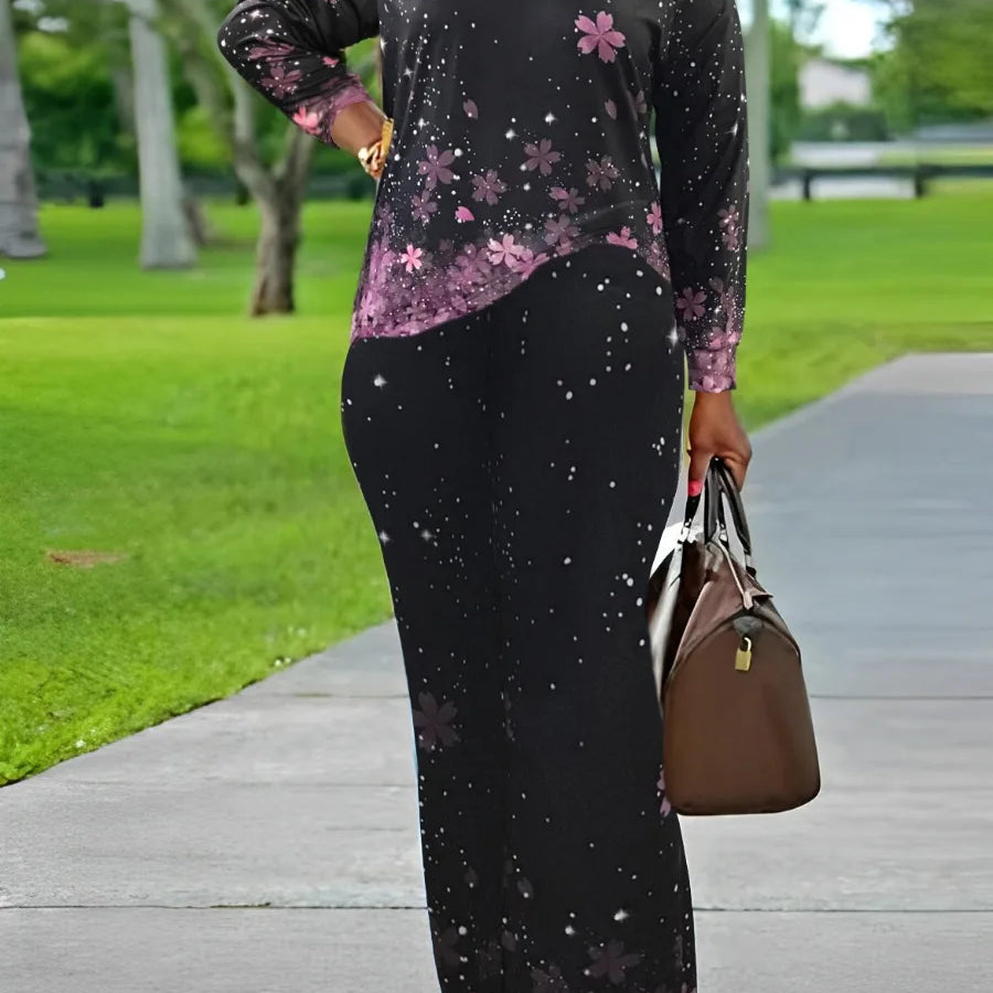 LW Plus Size V Neck Mixed Print Side Split Pants Set Casual Long Sleeve Top Fashion Loose Two Piece Set Outfit