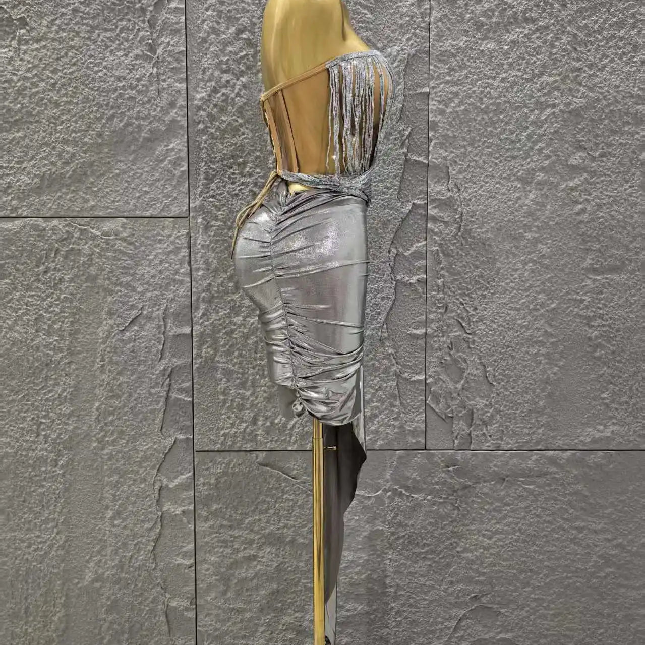 Silver Color Women Sexy Strapless Tassels 2 Pieces Bodycon Mini Dress Nightclub Party Bar Singer Celebrate Performance Costume