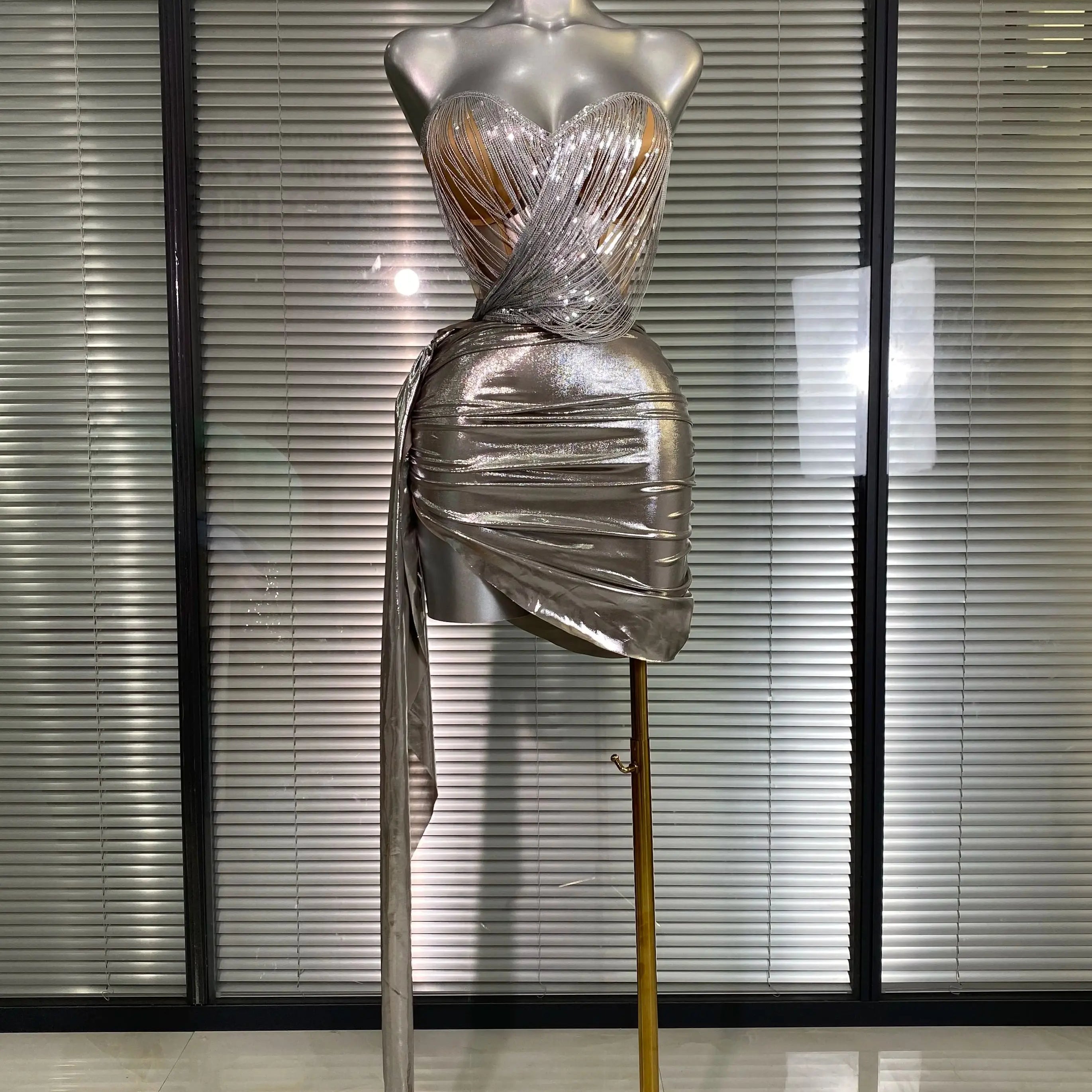 New Sexy Two Pieces Set Women Celebrity Silver Night Club Skirt Suits Laced Singer Dancer Night Club Stage Performance Costume