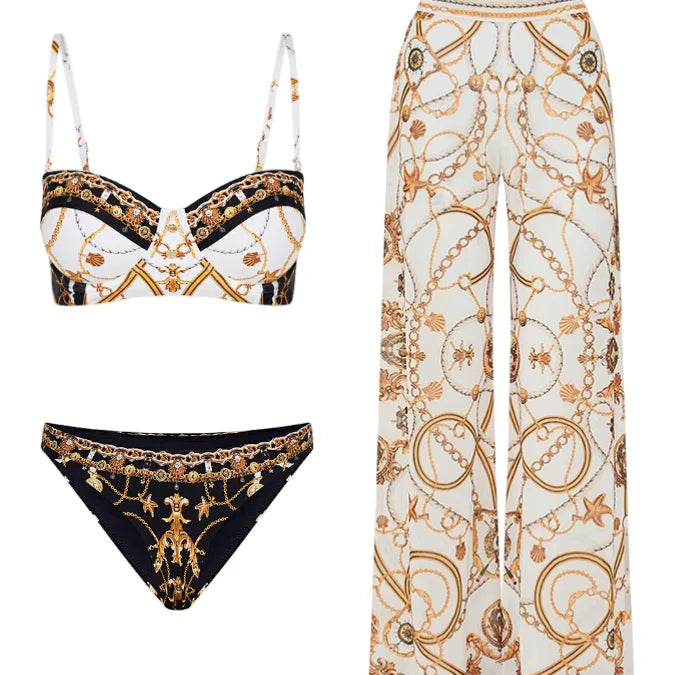 Courtl Vintage Gold Print One-piece Bikini Swimwear Costume Sexy Fashion Slim Fit Swimsuit With Long Trousers Beach Holiday 2024