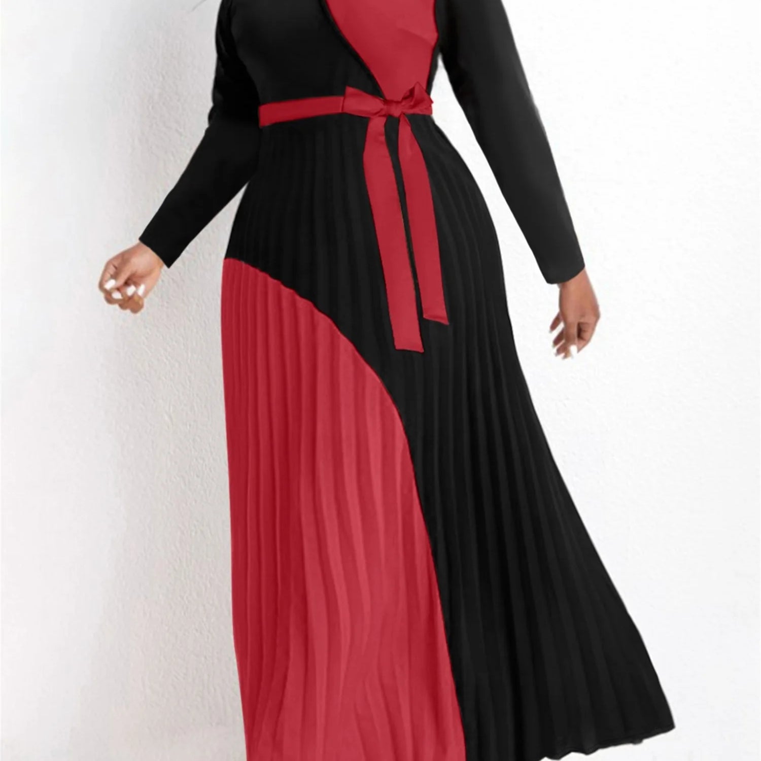 Elegant Fall Maxi Dresses Bandage Design Tiered Pleated A Line Dress Belted Long Sleeve V Neck Flowy Patchwork Vestidos Red