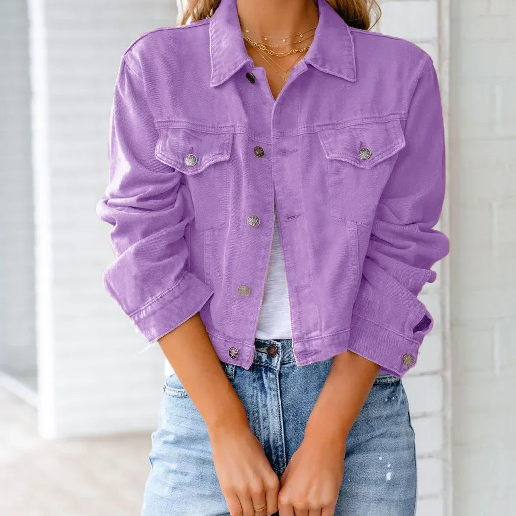 Short Pockets Jacket Fashion Streetwear Single Breasted Trend Women Denim Coats Long Sleeve Autumn New Denim Denim Coats PURPLE