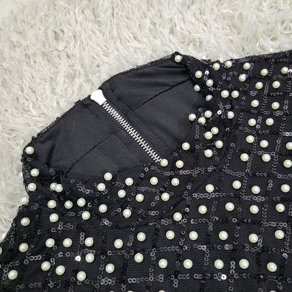 High Quality Women Long Sleeve Sexy Beading Tops 2 Pieces Bodycon Bandage Skirt Set Elegant Evening Party Celebrate Outfit