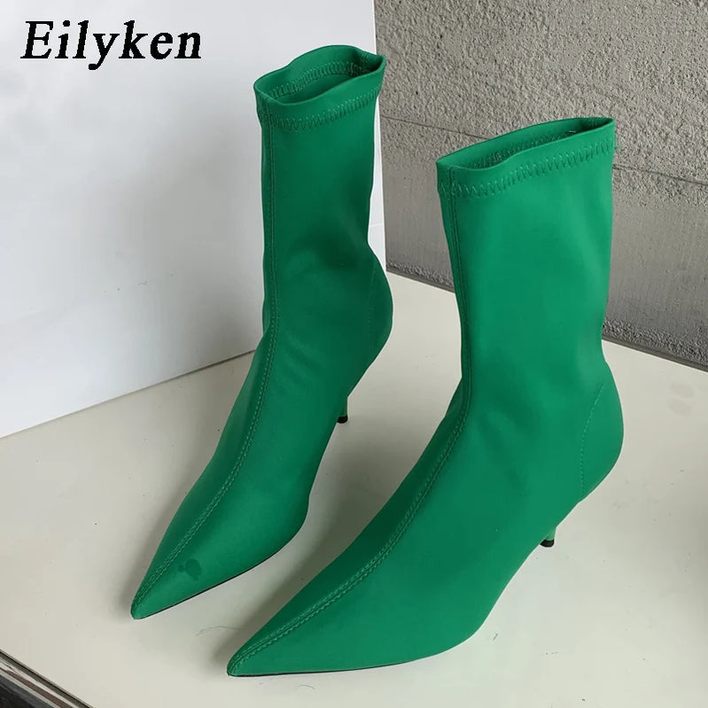 Eilyken 2025 Spring Autumn Stretch Fabric Women Ankle Boots Sexy Pointed Toe High Heels Fashion Female Socks Pumps Shoes