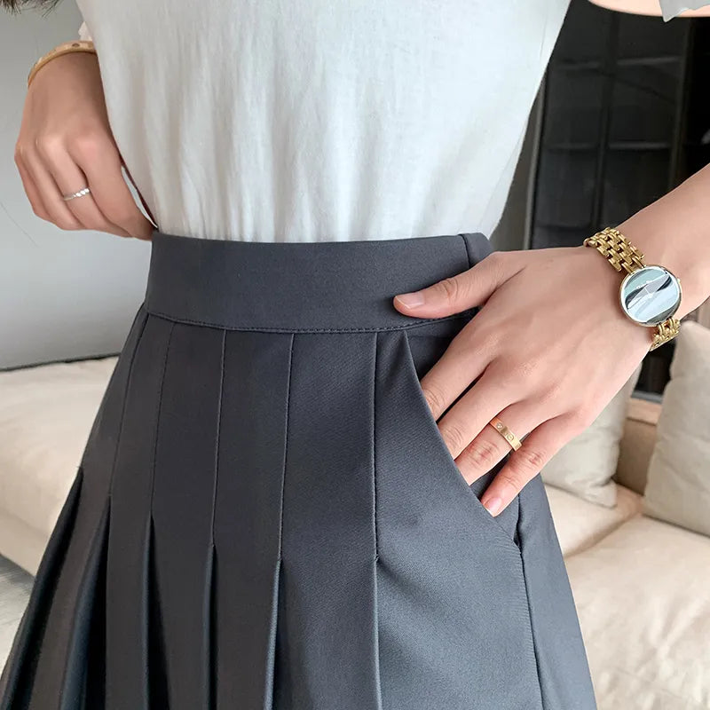 Korean Elastic High Waist Pleated Skirt Woman Black Gray Short A-Line Skirts for Women Summer Jk Uniform Mini Skirt
