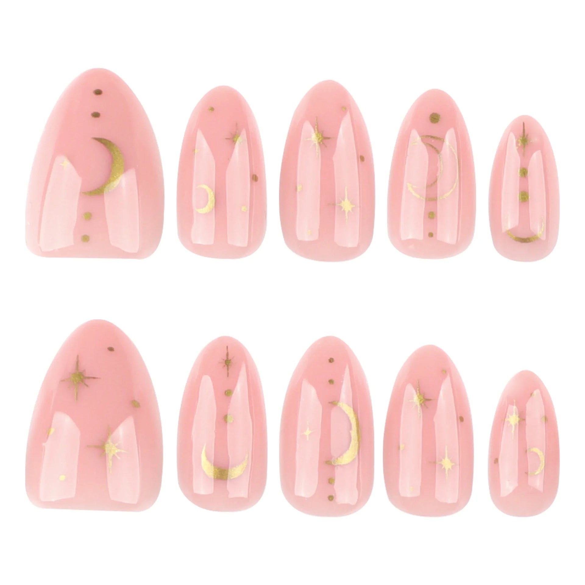 24pcs Star Moon Print False Nails Sweet Pink Short Almond Fake Nails Tips Wearable Detachable Simple Nude Color Press on Nails