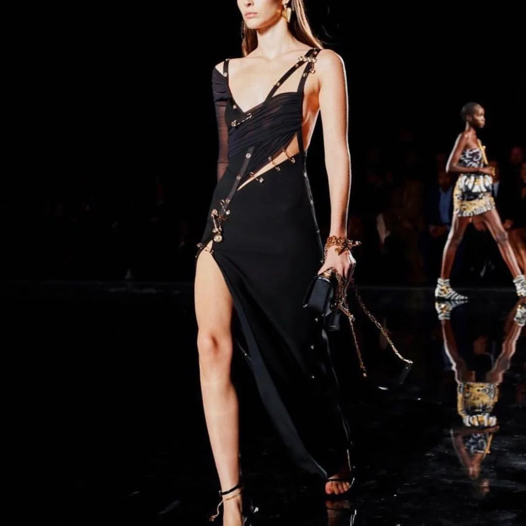 2023 Autumn Golden Clip Hollow Out One Shoulder High Split Long Dress Fashion Woman Evening Party Dress Cocktail Party Vestido