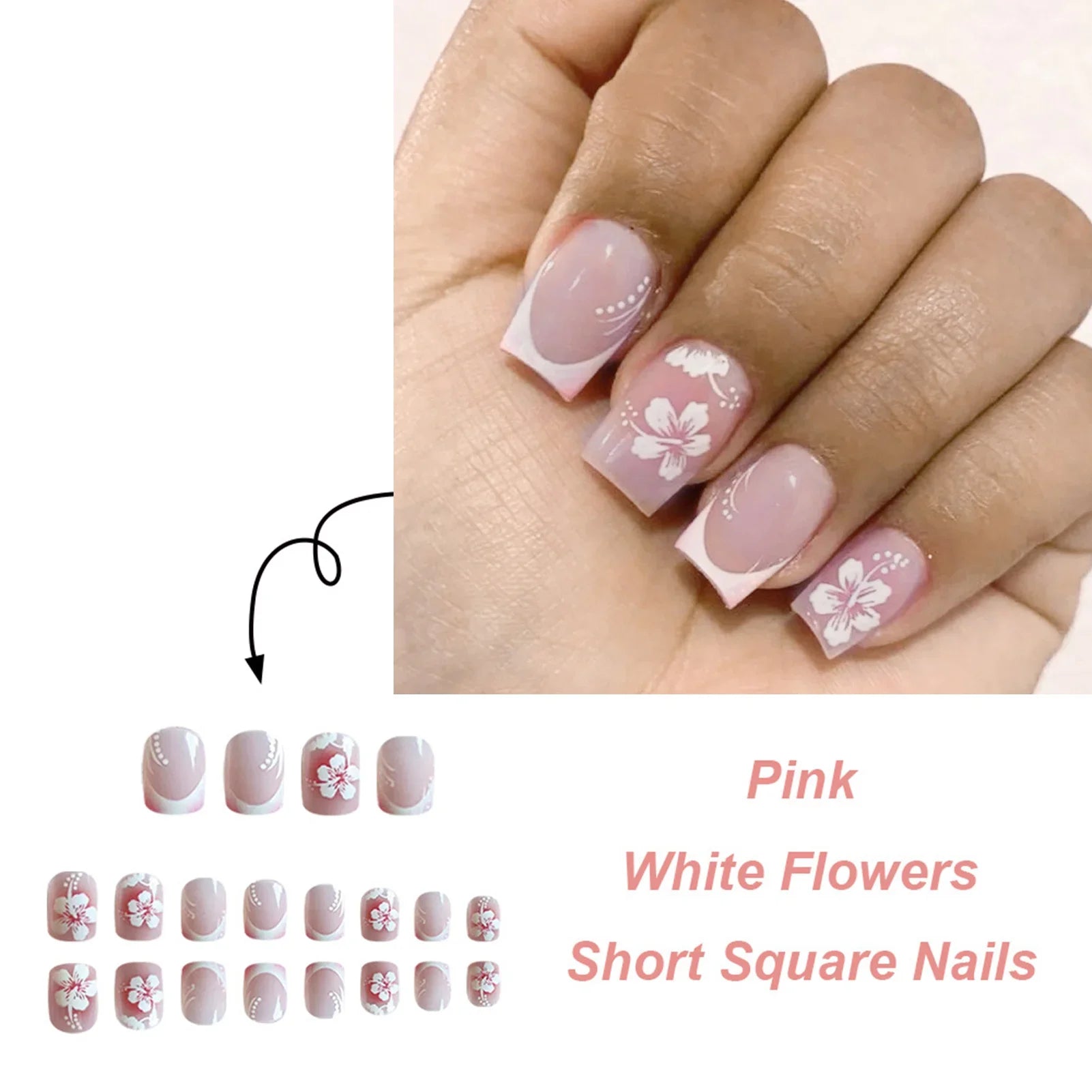White French Fake Nails with Flower Printed 24Pcs Blush Pink Press On Nails Short Square False Nails Tips DIY Charm Manicure