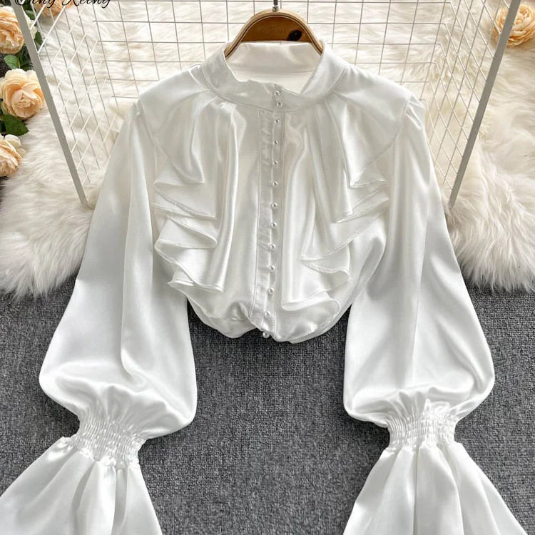 Satin Loose Shirt Long Flared Sleeves Ruffles O Neck Beading Women Gentle Office Lady Casual Blouse