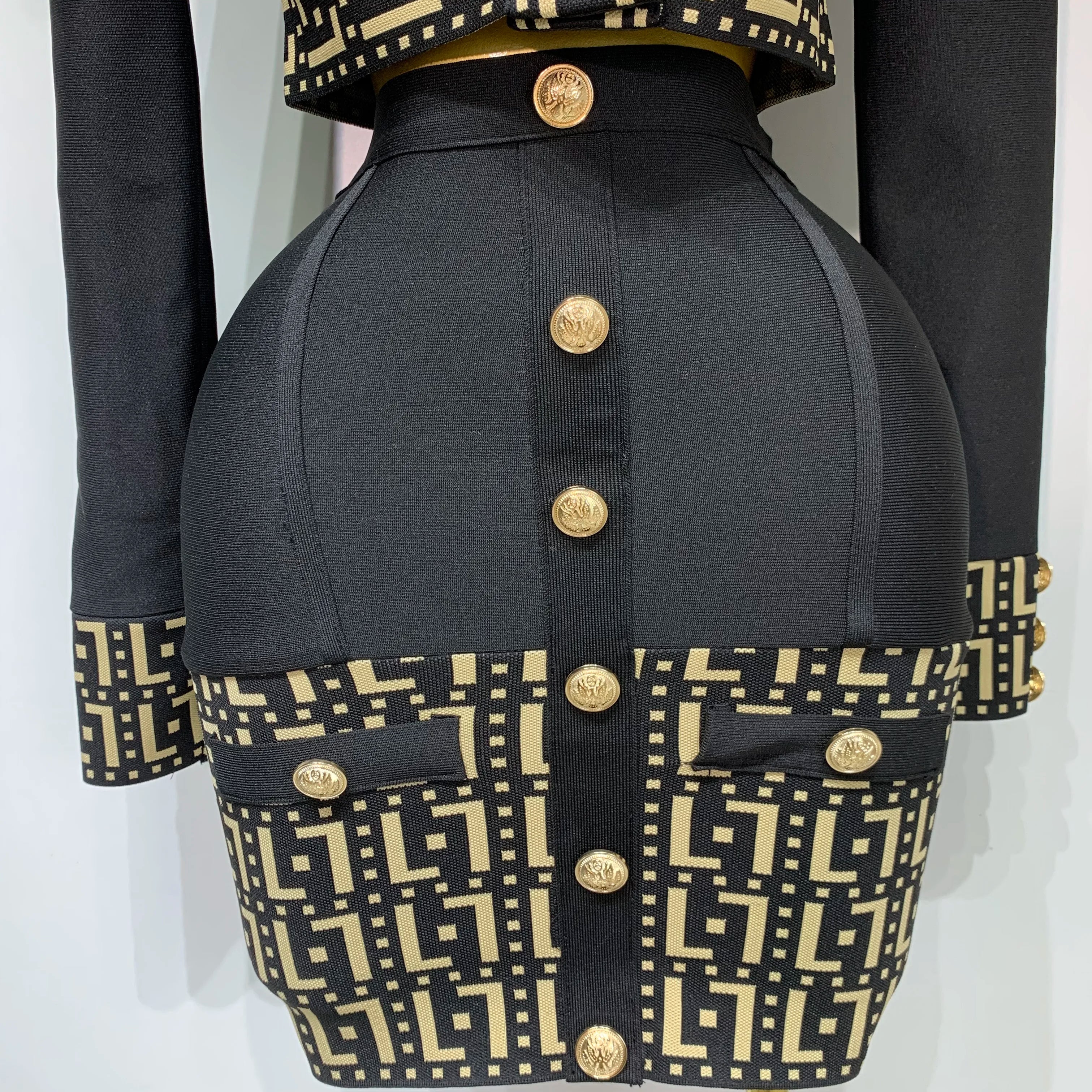 Women Black Long Sleeves Two Pieces Bandage Set Bottons Top Bodycon Mini Skirt Suit Evening Party Luxury Birthday Women's Outfit