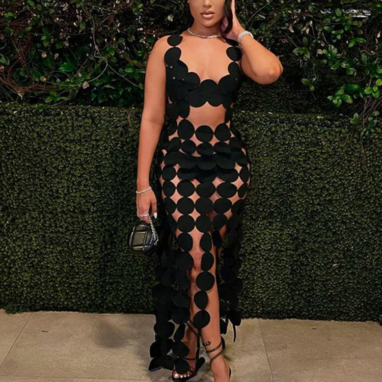 Halter Black Backless Hollow Out Hole Tassel Sexy Maxi Dress Slim Summer Fashion See Through Festival Nightclub Clothes