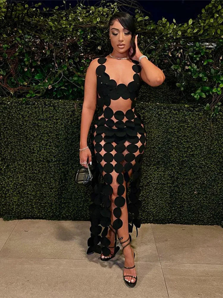 Halter Black Backless Hollow Out Hole Tassel Sexy Maxi Dress Slim Summer Fashion See Through Festival Nightclub Clothes