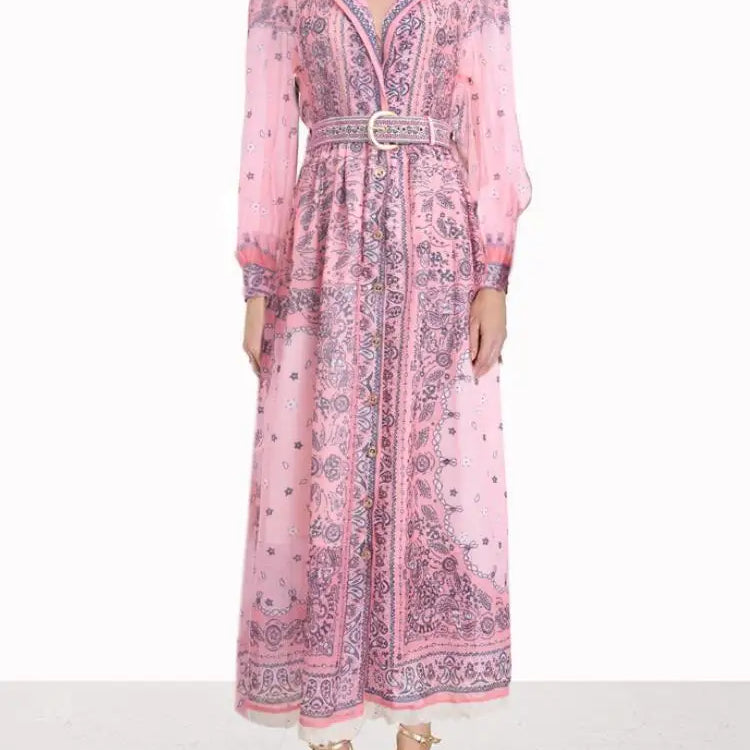 Summer Vintage For Women Printing Dresses Long Sleeve Lapel Single Breasted Chiffon Dress High Waist New Luxury Female Clothing