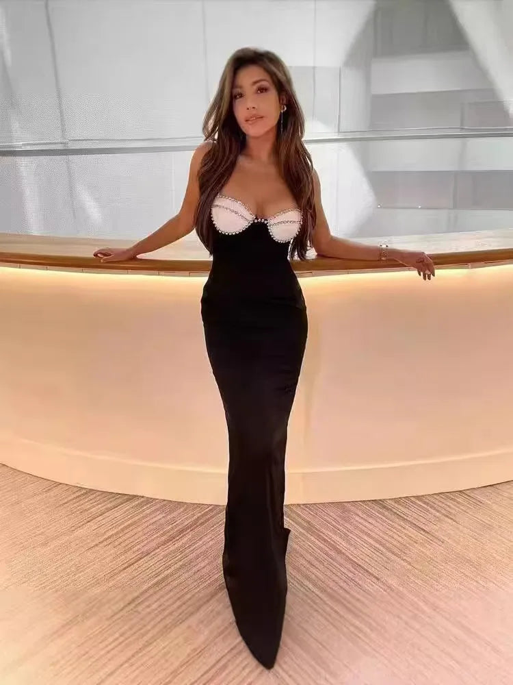 Black Red Color Women Sleeveless Sexy Strap Square Collar Bodycon Long Bandage Dress Fashion Celebrate Nightclub Party Outfit