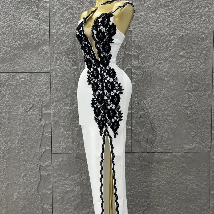 Top Quality Women Sexy One Shoulder Black Lace Bodycon Long Bandage Dress Fashion Celebrate Evening Party Birthday Outfit