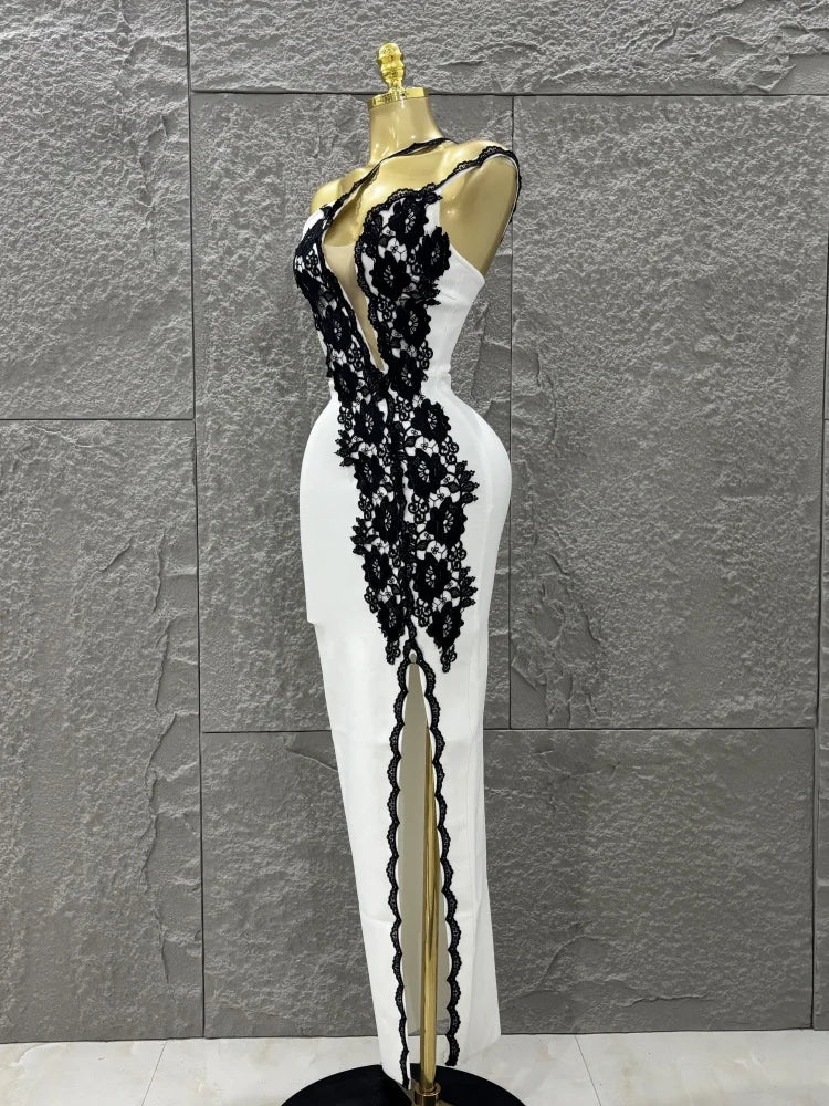 Top Quality Women Sexy One Shoulder Black Lace Bodycon Long Bandage Dress Fashion Celebrate Evening Party Birthday Outfit