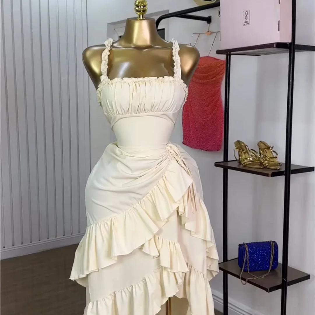 CM.YAYA Women Strap Slash Neck Cascading Ruffles Drawstring Ruched Up Long Maxi Dress 2025 Birthday Evening Sexy Dresses Vestido