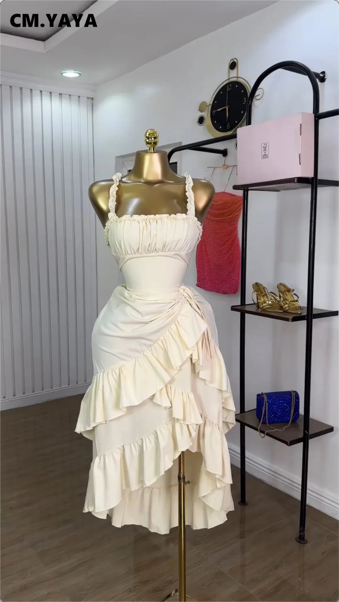 CM.YAYA Women Strap Slash Neck Cascading Ruffles Drawstring Ruched Up Long Maxi Dress 2025 Birthday Evening Sexy Dresses Vestido