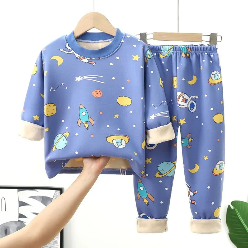 Children's warm underwear set for boy middle and girls plush and thick autumn clothes autumn pants baby pajamas baby and toddler