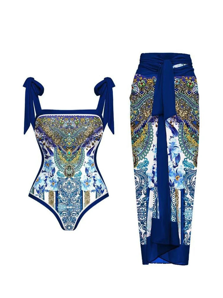 2024 New Fashion Double Sided Printed Lace Up One Piece Swimsuit Women 2023 Sexy High Waisted Lace Up Bikini Swimsuit Cover Up Blue CHINA