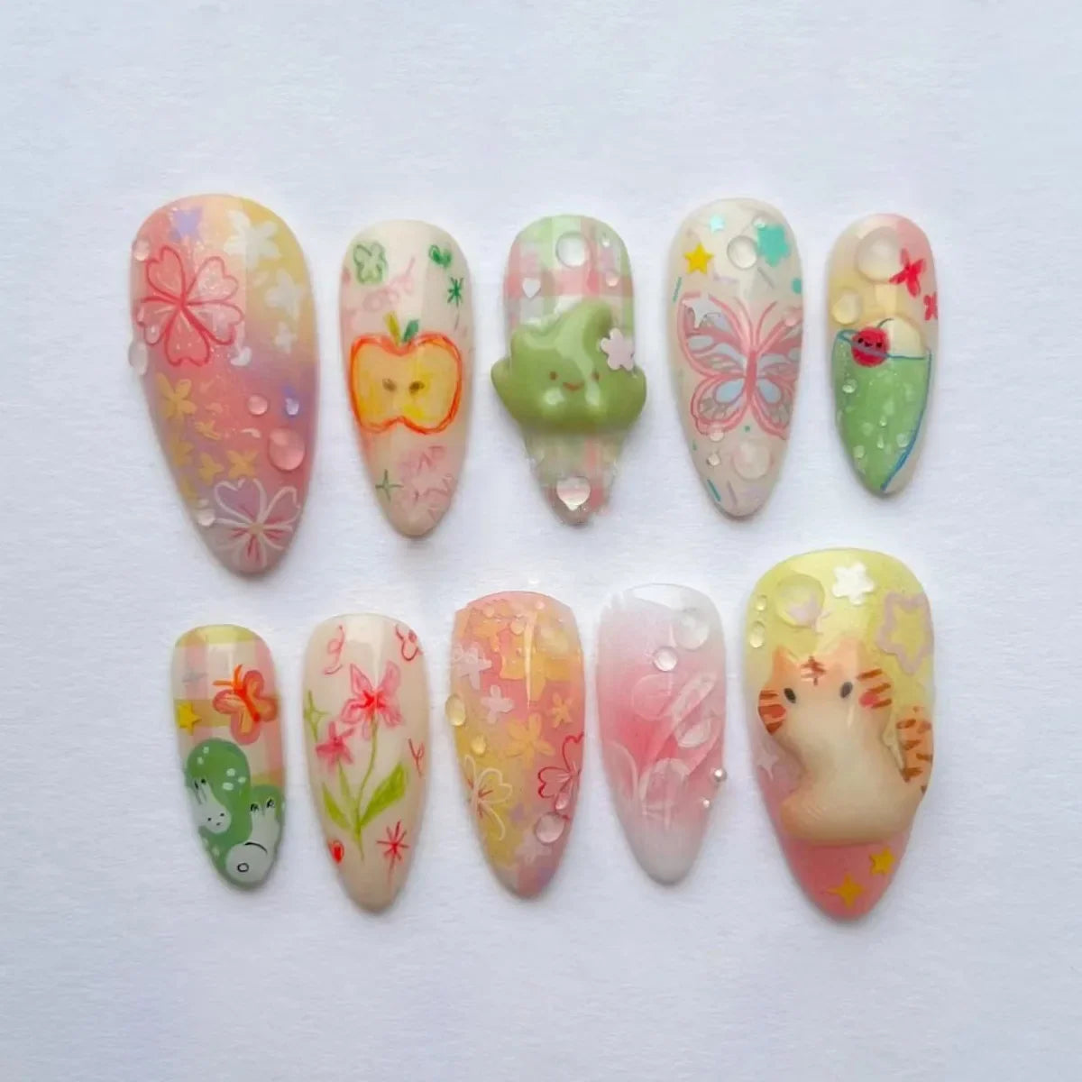 24Pcs Green Oval False Nails with Strawberry Design Wearable Mid-length Almond Press on Fake Nails Rabbit Pattern Nail Art Tip
