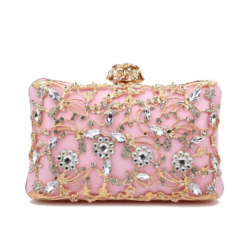 Rhinestones Women Bags Hollow Out Style Fashion Evening Bags Chain Shoulder Handbags Party Wedding Day Clutch Purse YM3107pink