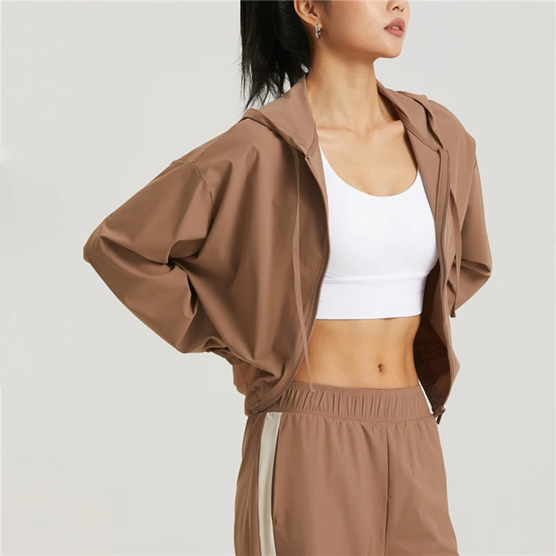 Summer Style Sun-proof Sports Jacket Long Sleeve With Hat Causal Wear Skin Friendly Breathe Freely Women Tops Cocoa