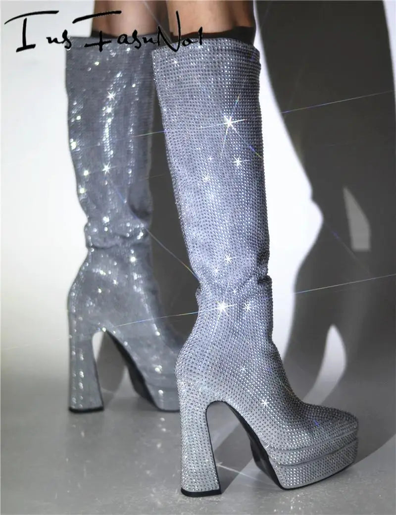 Street Style Women Knee High Boots Crystal Platform High Heel Fashion Rhinestone Boots Ladies Wedding Strass Shoes High Heels