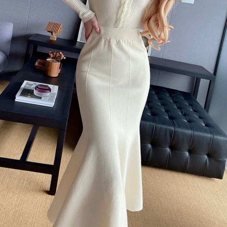 Women's Skirts Autumn Winter Fashion Knitted Long Skirts for Women Green Vintage Slim Korean Style A-LINE Fishtail Skirt WHITE One Size