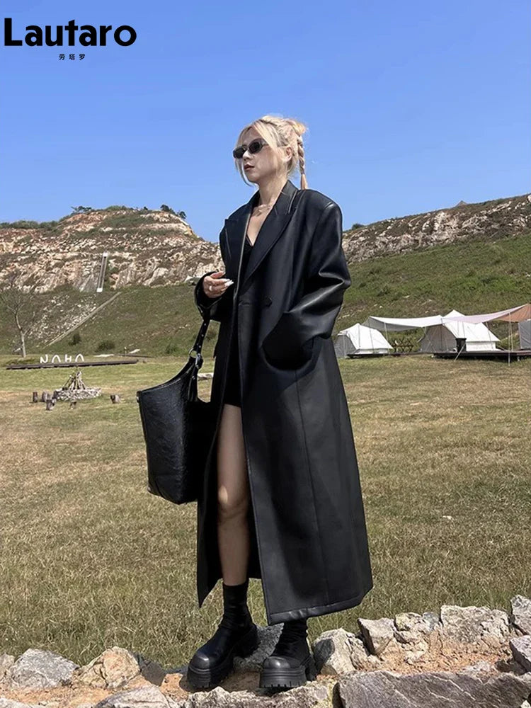 Spring Autumn Extra Long Black Loose Pu Leather Trench Coat for Women Shoulder Pads Double Breasted Faux Leather Blazer
