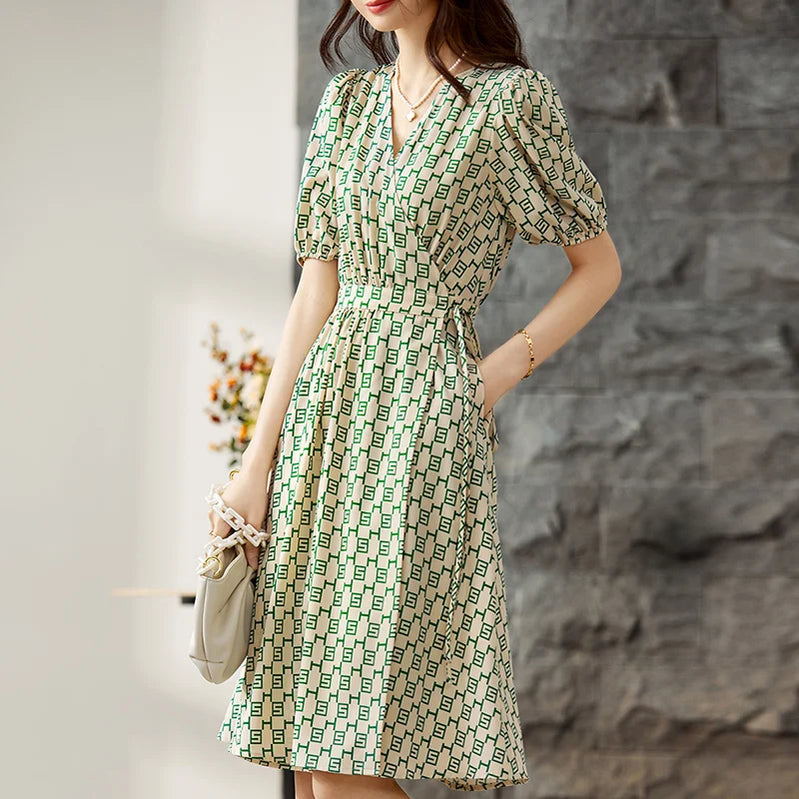 Elegant Print Summer Dress for Women Fashion A Line V-Neck Lace Up Slim Puff Sleeve Ladies Midi Wrap Dresses Green