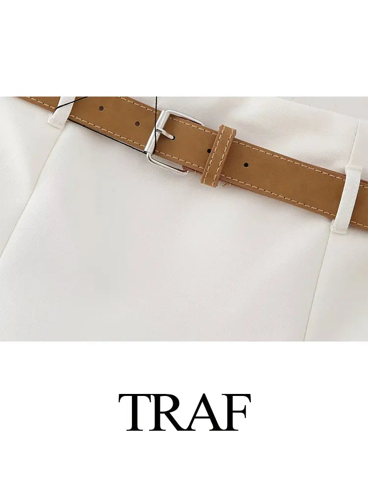 TRAF Spring Women's Solid Beige Blazer Suit Long Sleeves Cropped Blazer+High Waist With Belt A-Line Culottes Elegant Sets