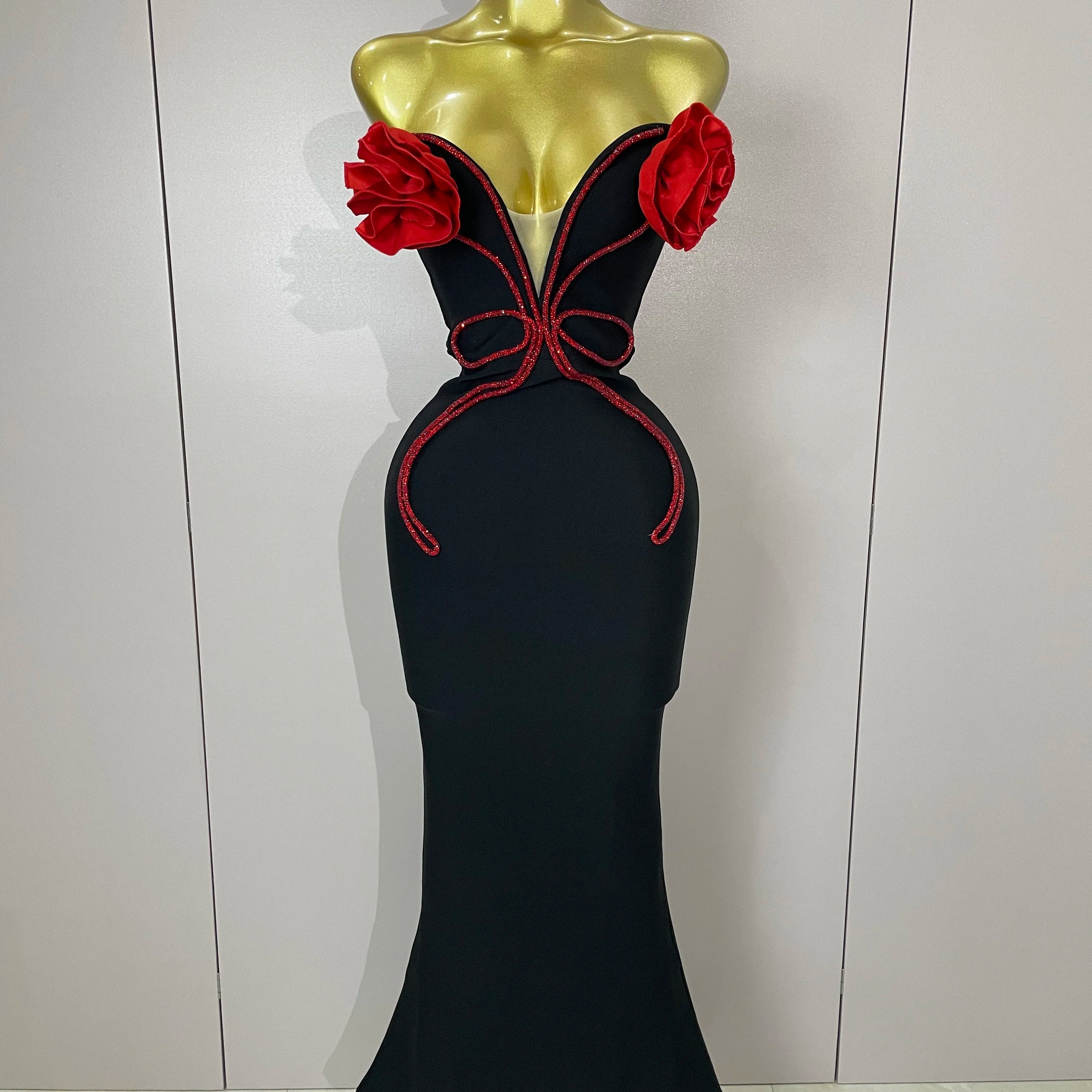 2025 New Arrival High Quality black Off Shoulder Red Flower Bandage Long Dress Women Elegant Fshion Celebrity Party Dress
