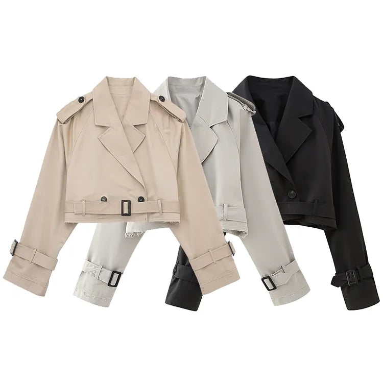 Willshela Women Fashion With Belt Cropped Trench Jacket Vintage Notched Neck Long Sleeve Female Chic Lady Coat Outfits