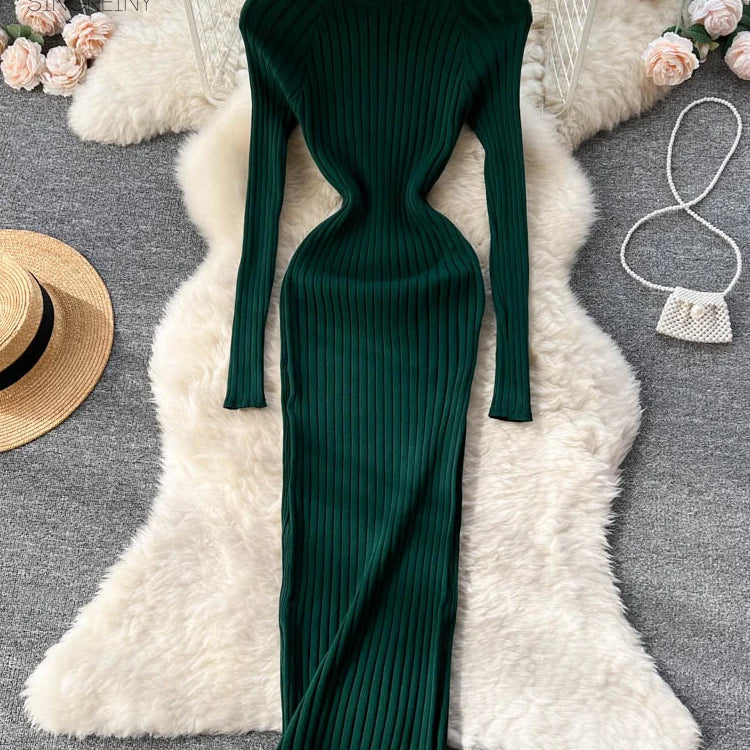 Winter Women Knit Maxi Dress O Neck Autumn Long Sleeve Slim Solid Harajuku Ladies Fashion Pencil Sweater Long Dresses
