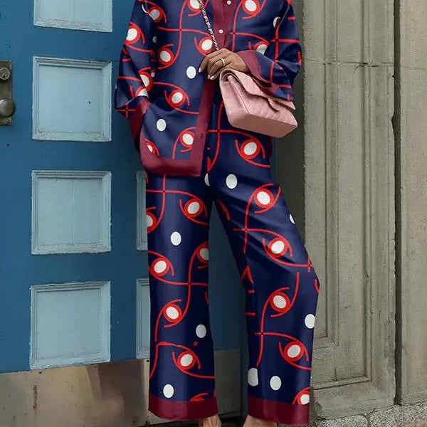 Autumn New Loose Vintage Printed Pant Sets Women Long Sleeve Shirts And Wide Legs Trousers Two Piece Set Fashion Streetwear Reddish blue