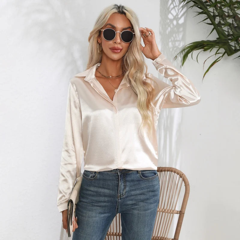 Spring Autumn Satin Shirt Women V Neck Long Sleeve Office Shirt Blouses Ladies Black White Silk Loose Shirts For Women G