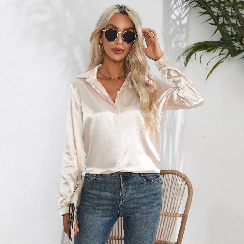 Spring Autumn Satin Shirt Women V Neck Long Sleeve Office Shirt Blouses Ladies Black White Silk Loose Shirts For Women G