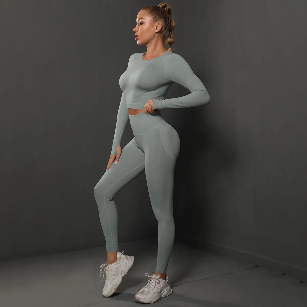 2Pcs Women Sets Energy Seamless Gym Suits Bubble Butt Sports Pants+Long Sleeve Shirts Push Up Running Sets Tracksuits Tights Set Light Grey