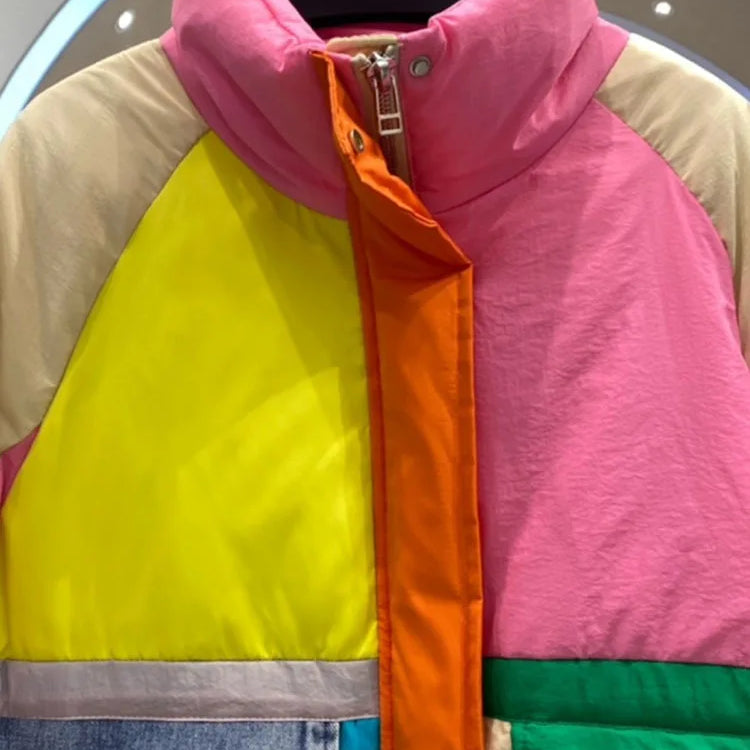 Oversize Denim Spliced Down Jacket Women Large Pockets Winter Coat Zipper Patchwork Puffer Jacket Windproof Thicken